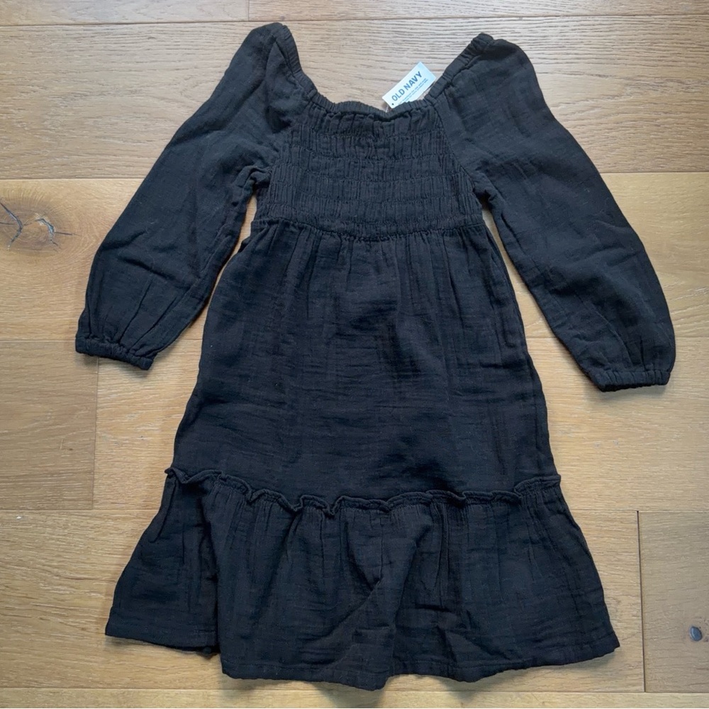 NWT Old Navy Girls Boho Babydoll Dress Smocked Flowy Crinkle Cotton Black Medium